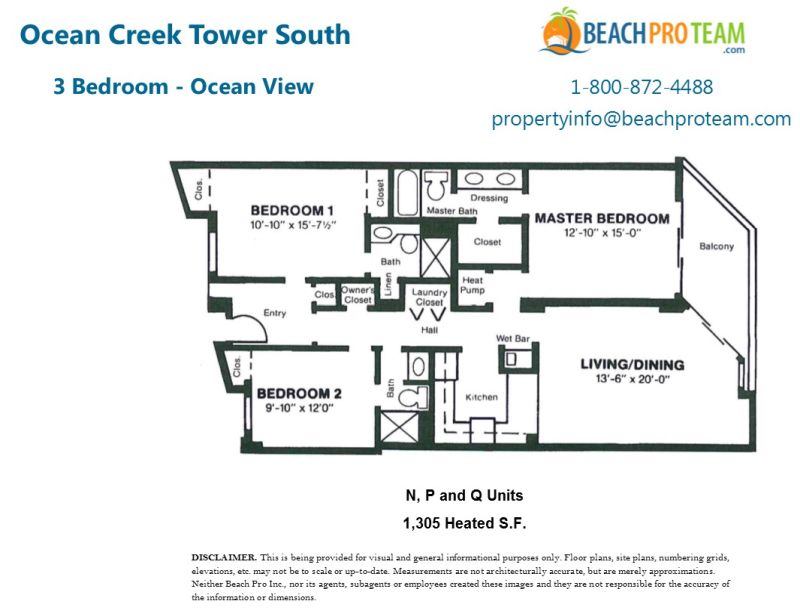 Ocean Creek Towers South Floor Plan N, P & Q - 3 Bedroom Ocean View
